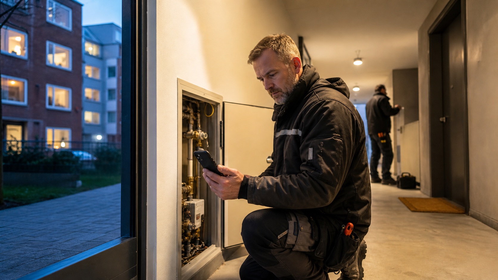 Ejendomsservicemedarbejder kontrollerer en teknisk installation og en telefon i en dansk boligopgang om aftenen