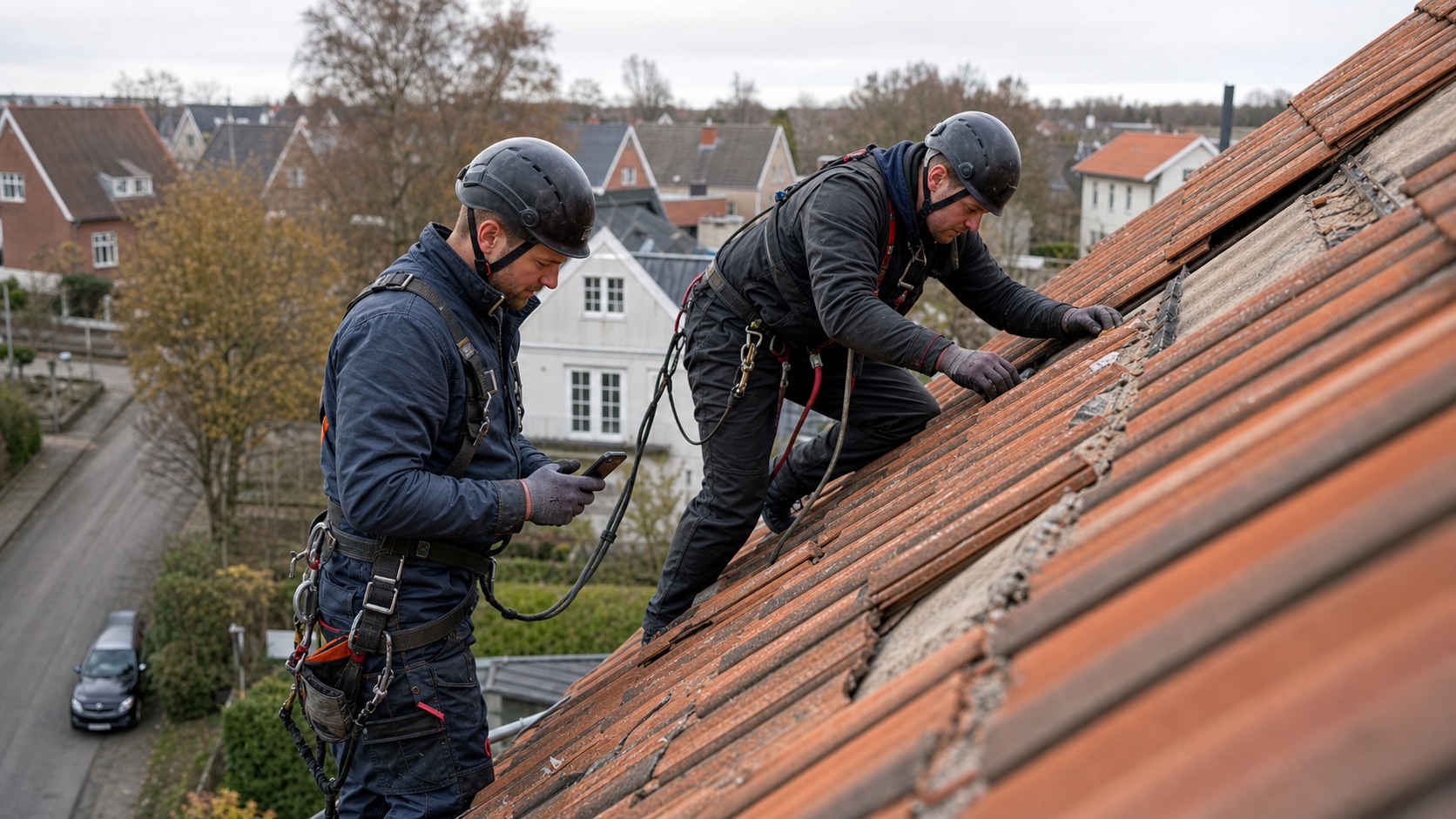 To tagarbejdere med sikkerhedsudstyr arbejder på et dansk tegltag, mens den ene kontrollerer en telefon