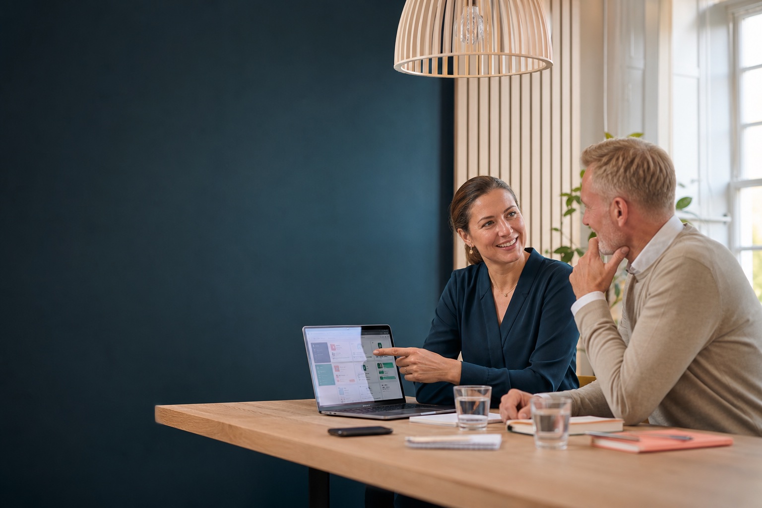 Dansk produktrådgiver viser Dialogklar til en virksomhedsejer