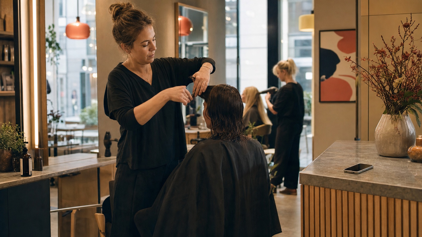 Frisør arbejder koncentreret med en kunde, mens telefonen kan besvares uden at afbryde behandlingen