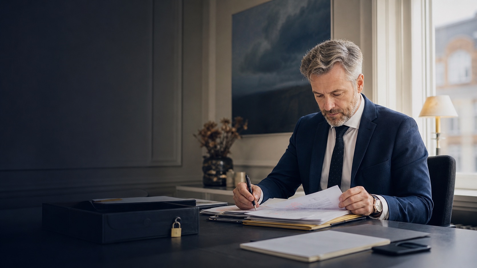 Advokat fordyber sig i sagsakter, mens AI-assistenten tager imod en ny klienthenvendelse