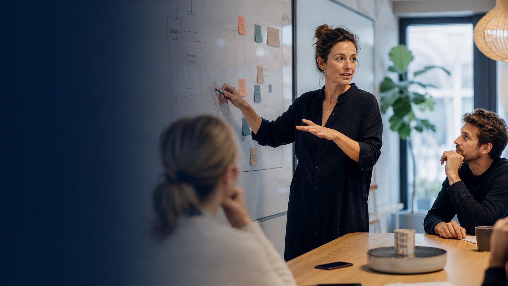 Konsulent faciliterer en workshop, mens telefonassistenten tager imod et nyt lead