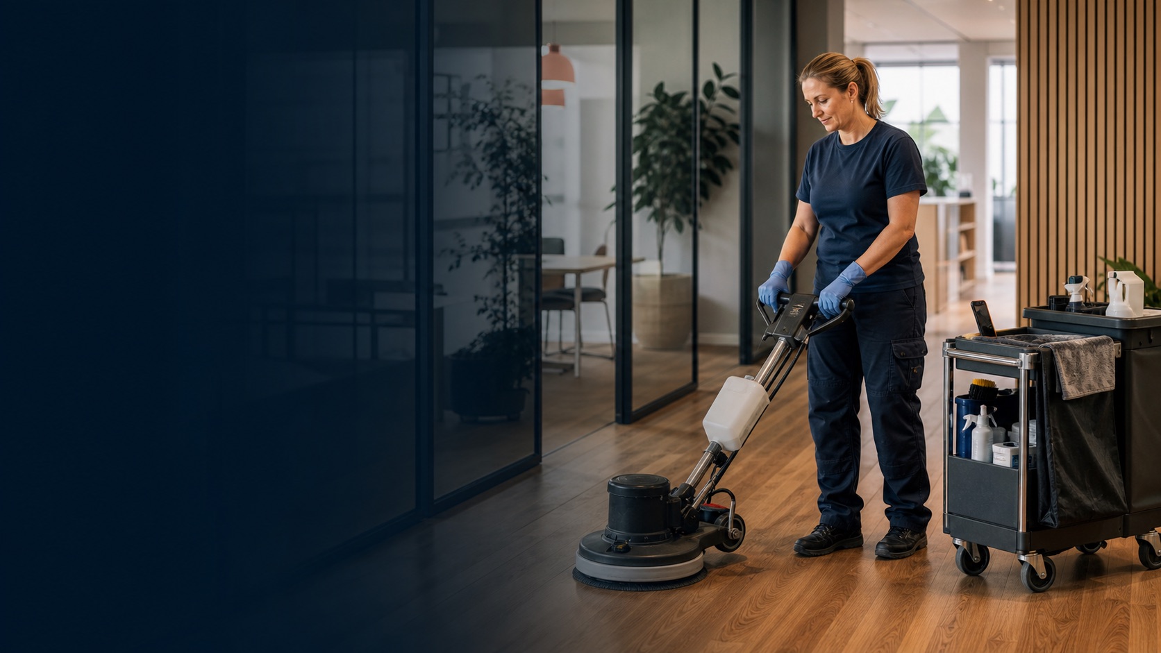 Rengøringsmedarbejder arbejder i et kontor, mens AI-assistenten modtager telefonen