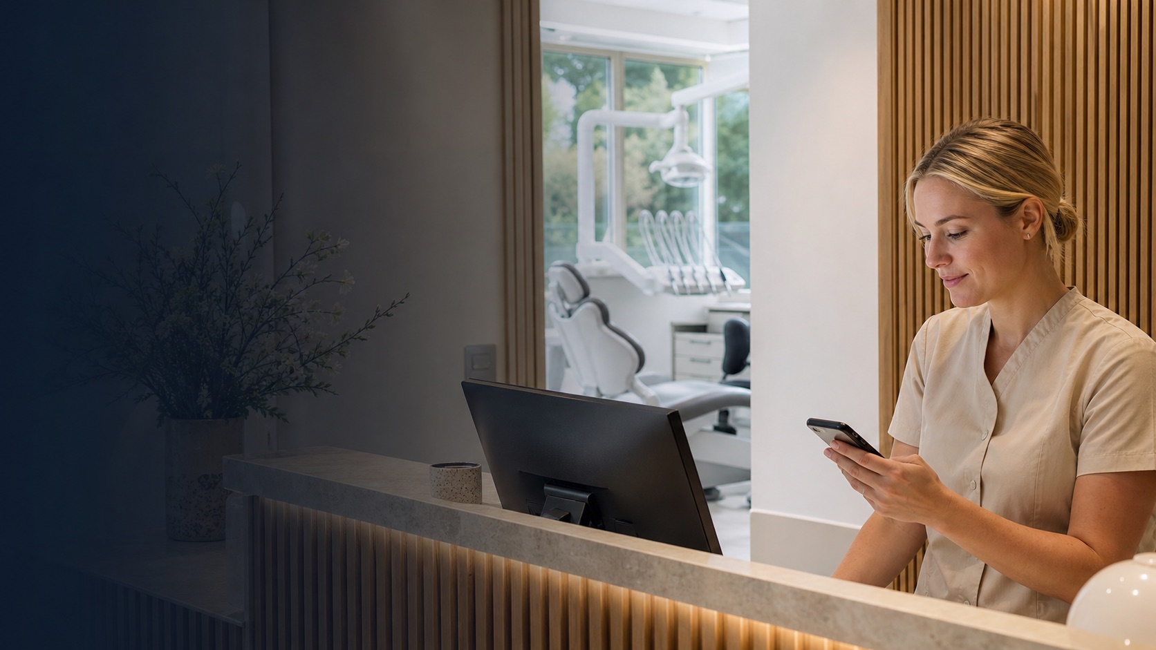 Tandklinikkoordinator gennemgår bookinger og patienthenvendelser ved receptionen