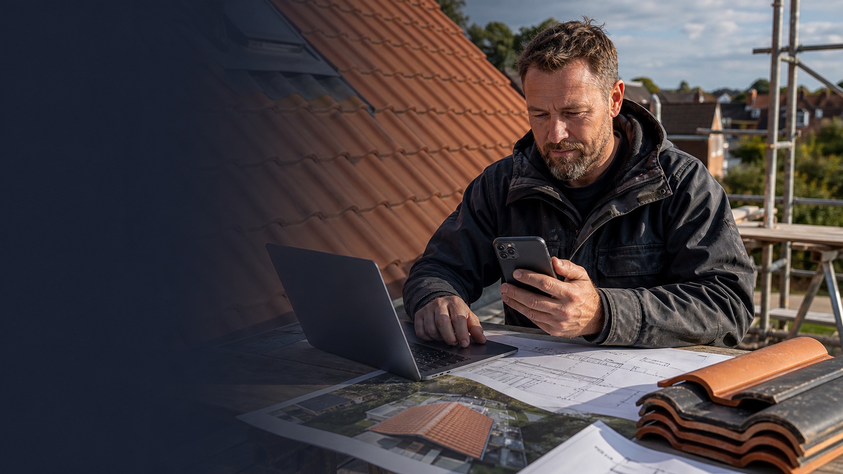 Tagmester vurderer et renoveringsprojekt med tagprøver, dronefoto, telefon og computer