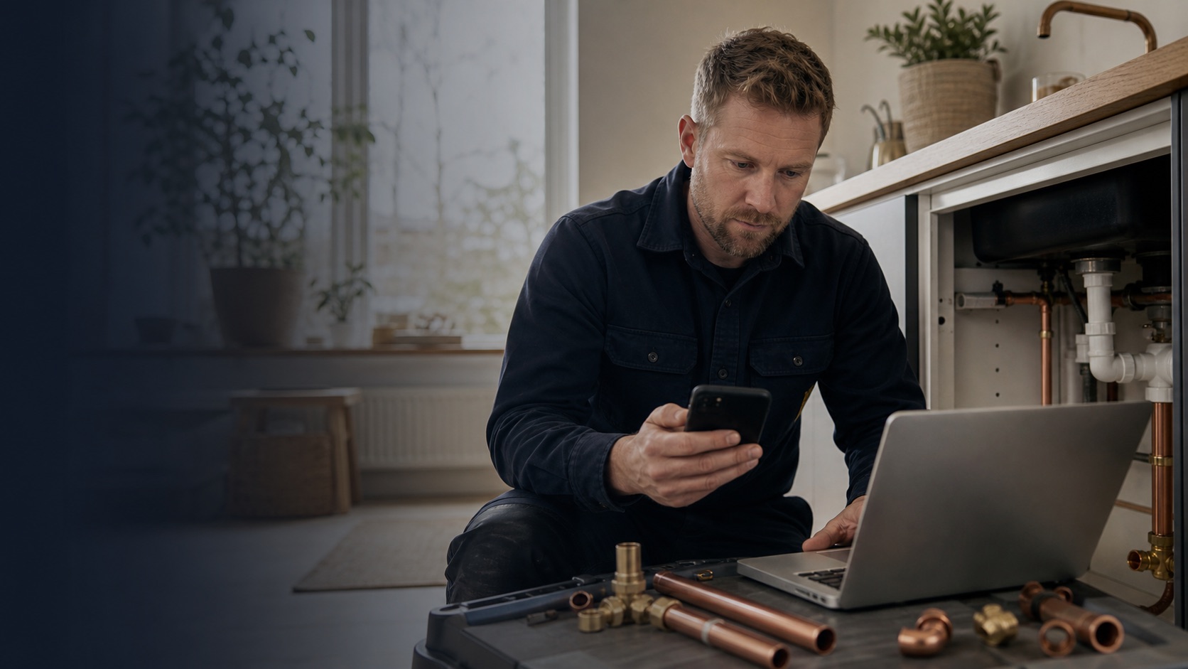 VVS-installatør gennemgår kundehenvendelser ved siden af rørdele og en åben installation